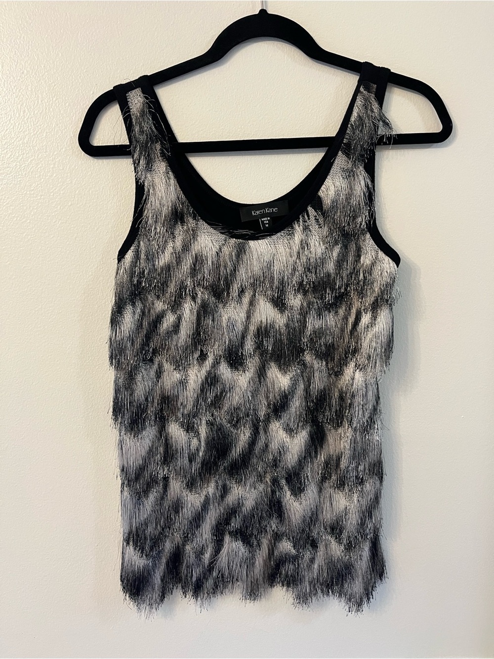 Karen Kane Black & Gray Faux-Fur Fringe Tank